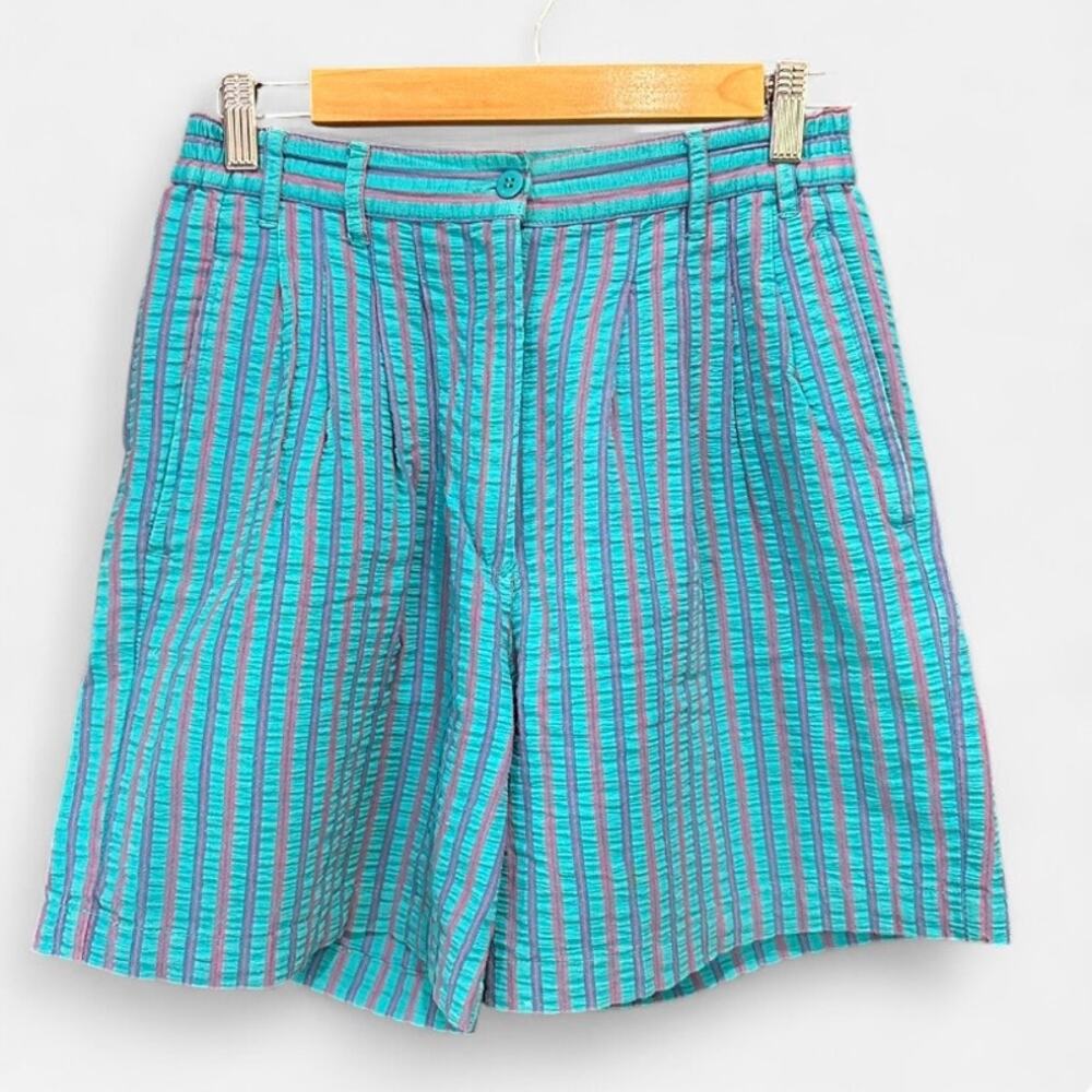Vintage 90s Woolrich Blue Pink Striped High Waist Pleated Shorts Small - Picture 8 of 8